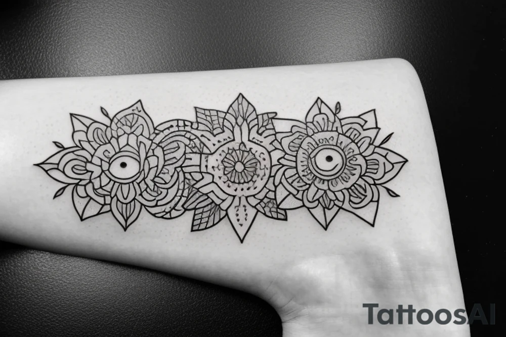 5” tall and 2” wide floral tattoo with geometric patterns around tattoo idea