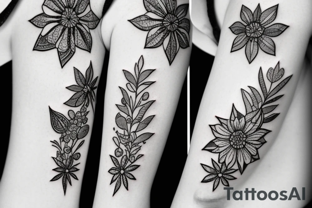 tall skinny Small flower bouquet with geometric shapes tattoo idea