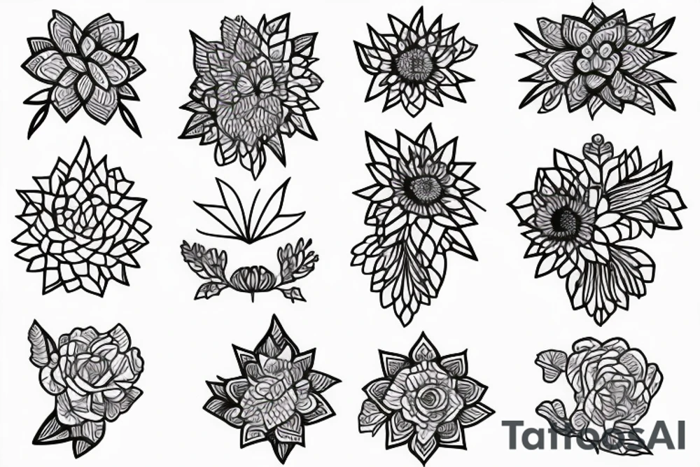 tall skinny Small flower bouquet with geometric shapes tattoo idea