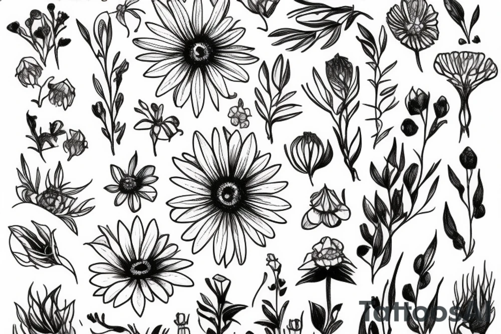 tall skinny wild flower bouquet tattoo idea