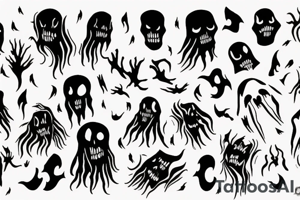 Scary ghosts fine line dotted tattoo idea