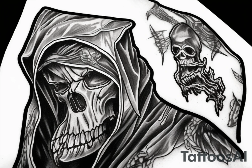 Portrait view of reaper with weathered hood tattoo idea