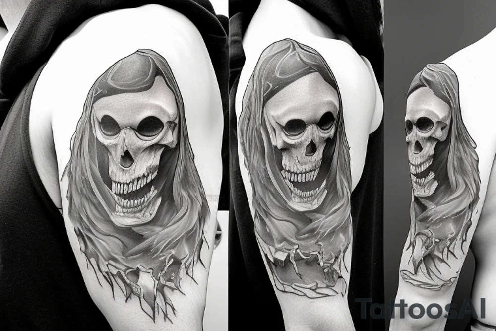 Portrait view of reaper with weathered hood tattoo idea