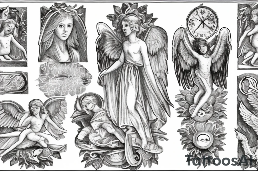 Roman, angels, falling angels, Jesus cross, libra, 7, 12-25-20 Roman numerals , space, time, birds tattoo idea