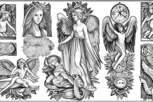 Roman, angels, falling angels, Jesus cross, libra, 7, 12-25-20 Roman numerals , space, time, birds tattoo idea