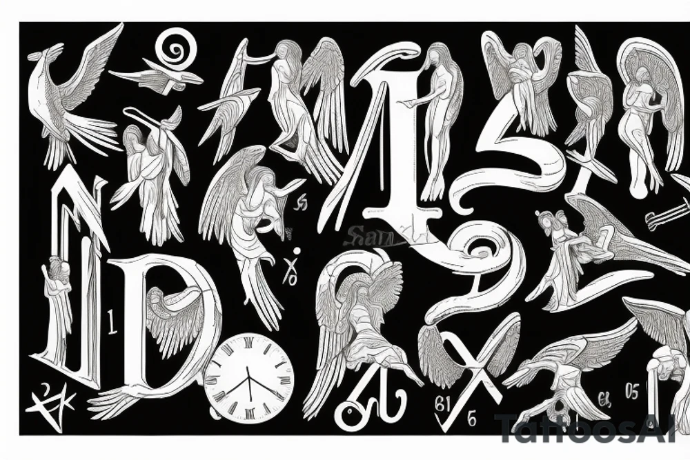 Roman, angels, falling angels, Jesus cross, libra, 7, 12-25-20 Roman numerals , space, time, birds tattoo idea