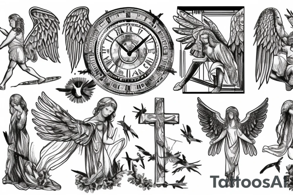 Roman, angels, falling angels, Jesus cross, libra, 7, 12-25-20 Roman numerals , space, time, birds tattoo idea