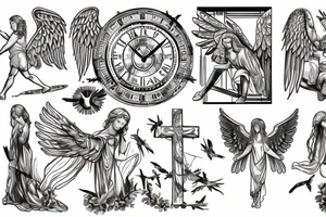 Roman, angels, falling angels, Jesus cross, libra, 7, 12-25-20 Roman numerals , space, time, birds tattoo idea
