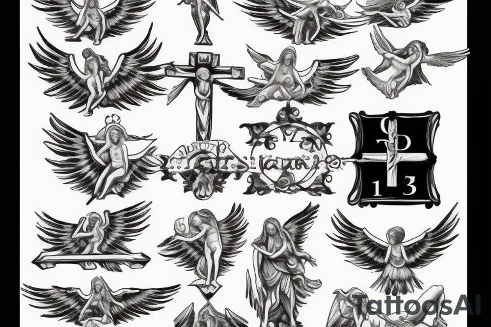 Roman, angels, falling angels, Jesus cross, libra, 7, 12-25-20 Roman numerals , space, time, birds tattoo idea