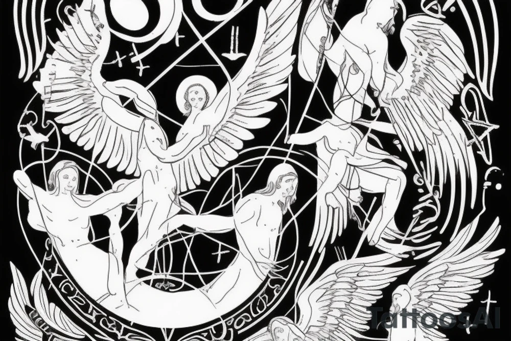 Roman, angels, falling angels, Jesus cross, libra, 7, 12-25-20 Roman numerals , space, time, birds tattoo idea
