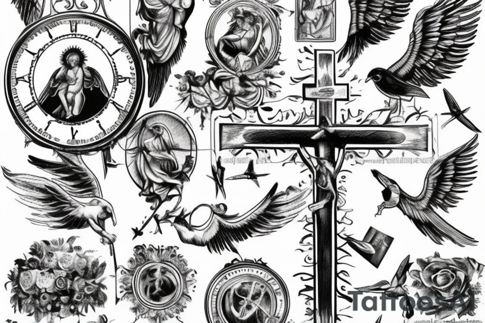 Roman, angels, falling angels, Jesus cross, libra, 7, 12-25-20 Roman numerals , space, time, birds tattoo idea