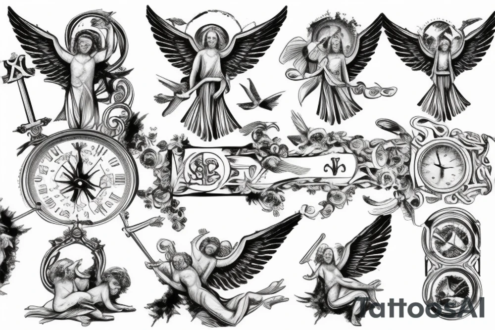 Roman, angels, falling angels, Jesus cross, libra, 7, 12-25-20 Roman numerals , space, time, birds tattoo idea