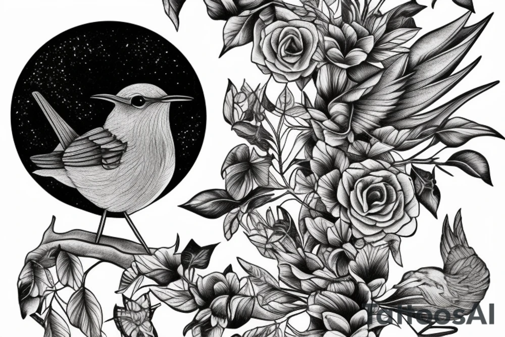Wren on tree in front of full moon tattoo idea