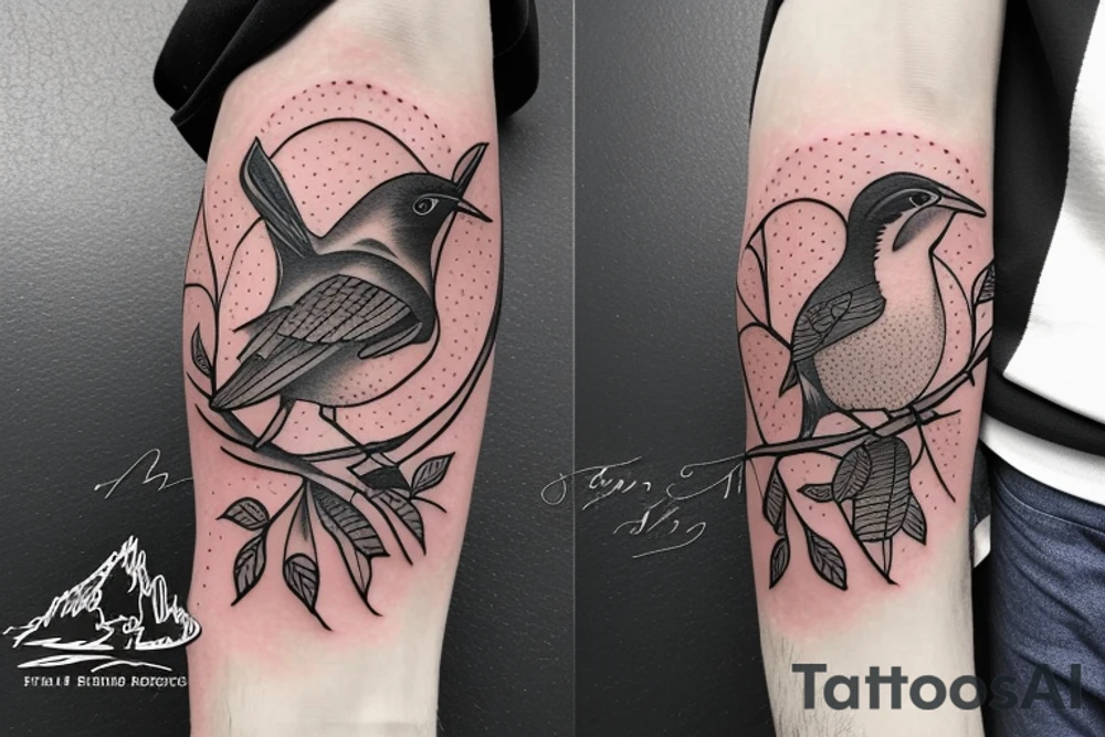 Wren on tree in front of full moon tattoo idea