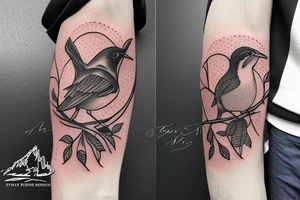 Wren on tree in front of full moon tattoo idea