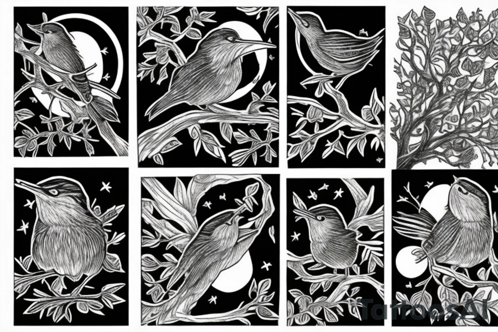 Wren on branch in front of full moon tattoo idea