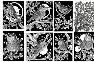 Wren on branch in front of full moon tattoo idea