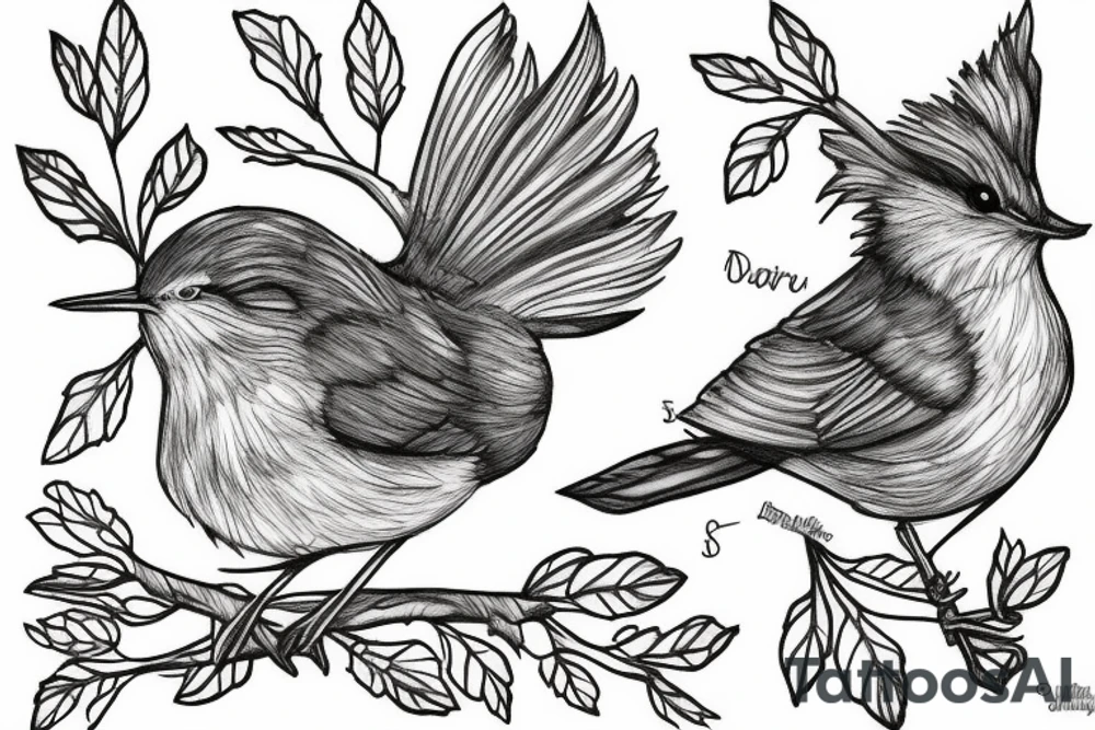 Wren on branch in front of full moon tattoo idea