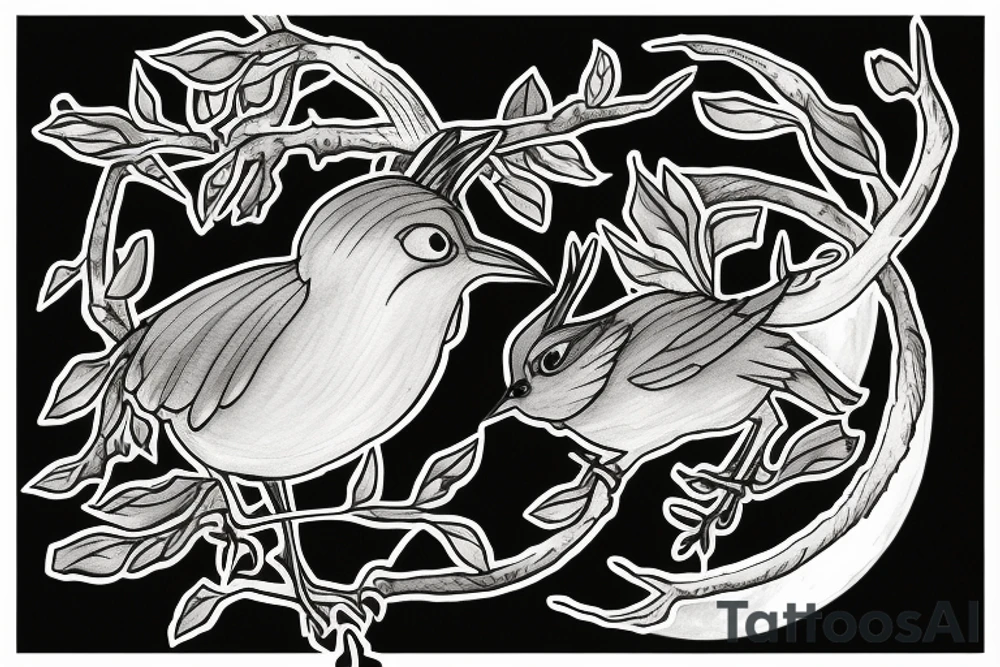 Wren on branch in front of full moon tattoo idea