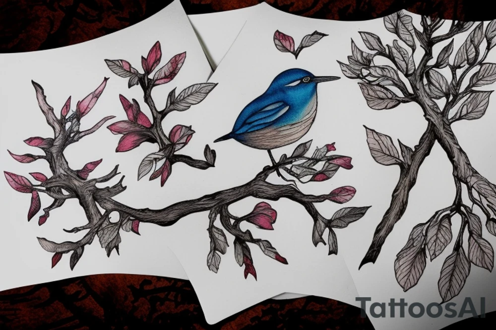 Wren on branch in front of full moon tattoo idea
