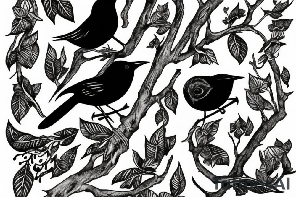 Wren on branch in front of full moon tattoo idea