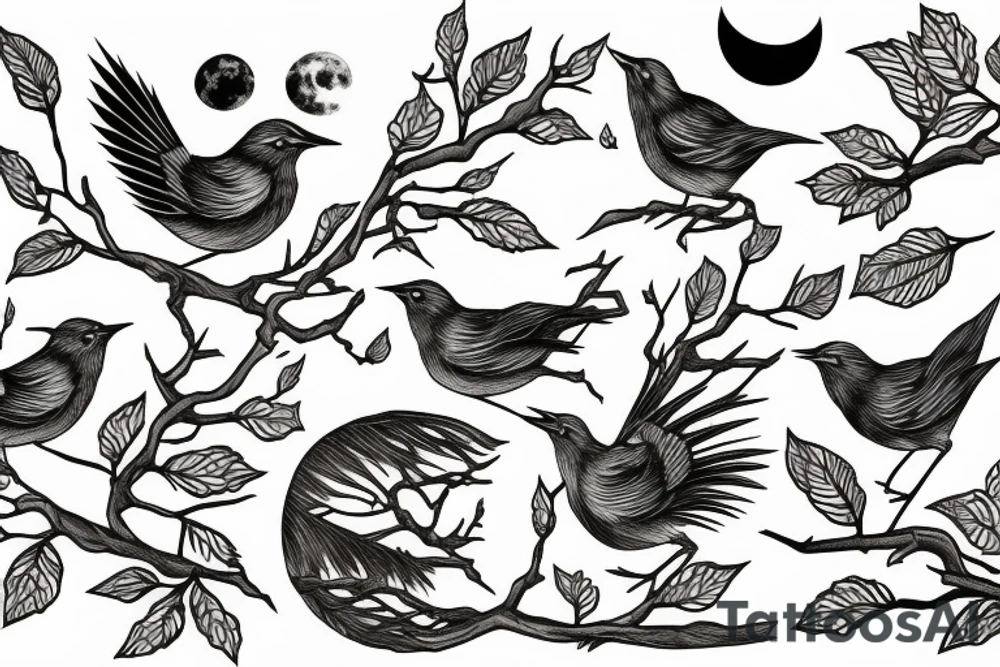 Wren on branch in front of full moon tattoo idea