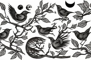Wren on branch in front of full moon tattoo idea