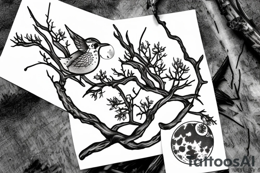Wren on branch with full moon behind tattoo idea