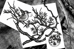 Wren on branch with full moon behind tattoo idea