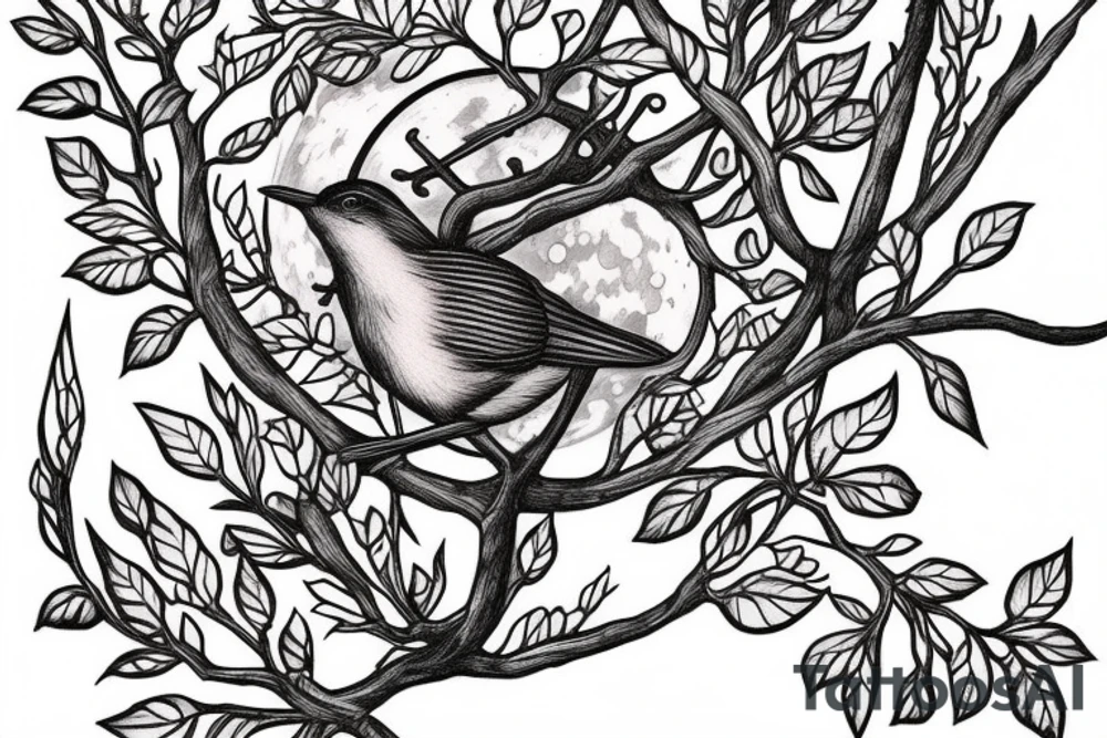 Wren on branch with full moon behind tattoo idea