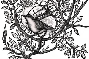Wren on branch with full moon behind tattoo idea