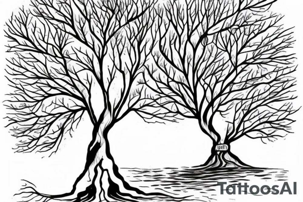 a tree planted by the water that sends out its roots by the stream tattoo idea
