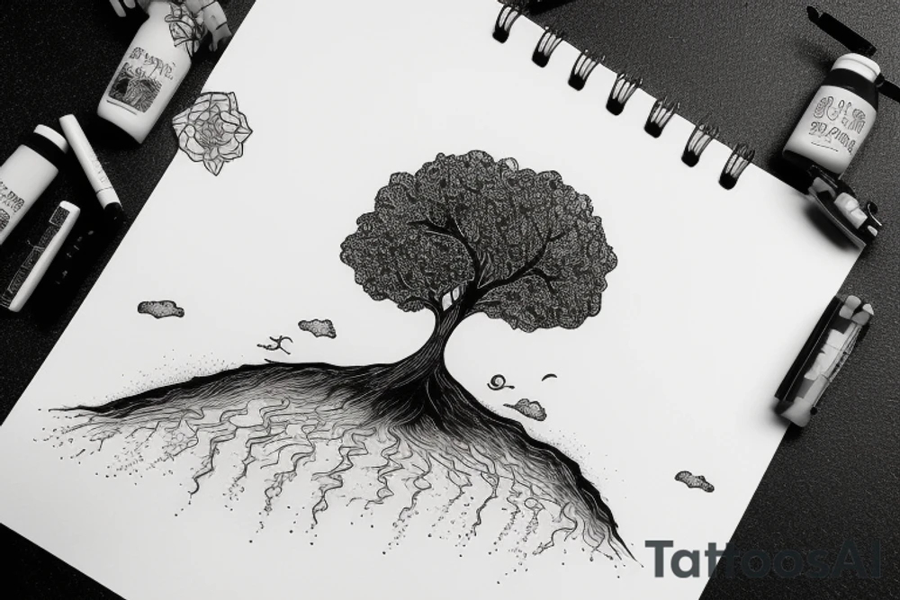 a tree planted by the water that sends out its roots by the stream tattoo idea
