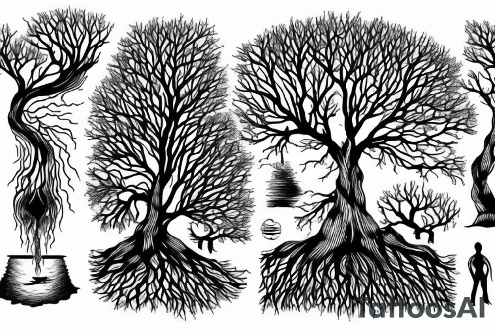a tree planted by the water that sends out its roots by the stream tattoo idea