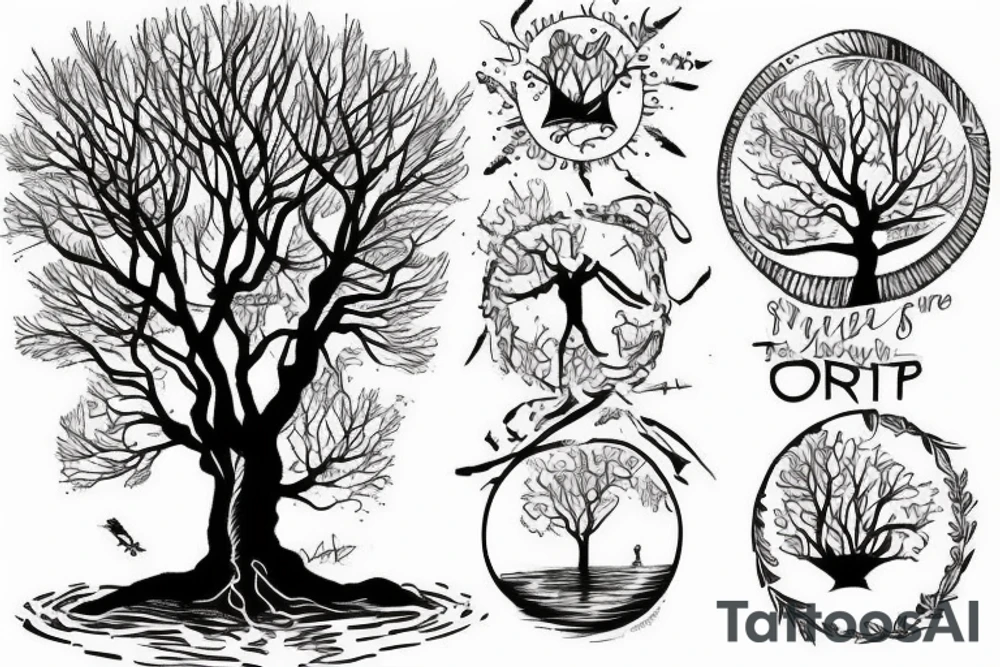 a tree planted by the water that sends out its roots by the stream tattoo idea