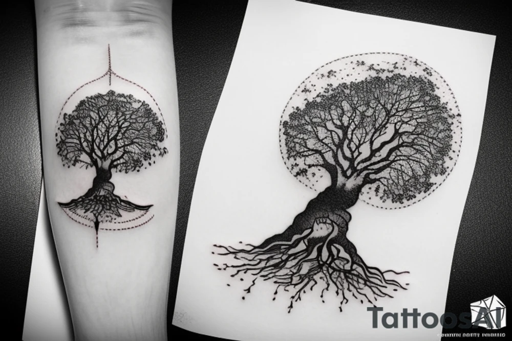 a tree planted by the water that sends out its roots by the stream tattoo idea