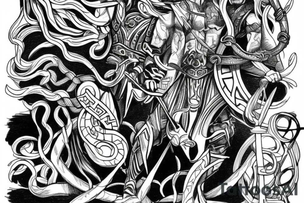 create a tattoo on the back depicting Norse mythology and the Heimdallr versus Loki duel, representing vigilance against fraud. tattoo idea
