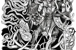 create a tattoo on the back depicting Norse mythology and the Heimdallr versus Loki duel, representing vigilance against fraud. tattoo idea
