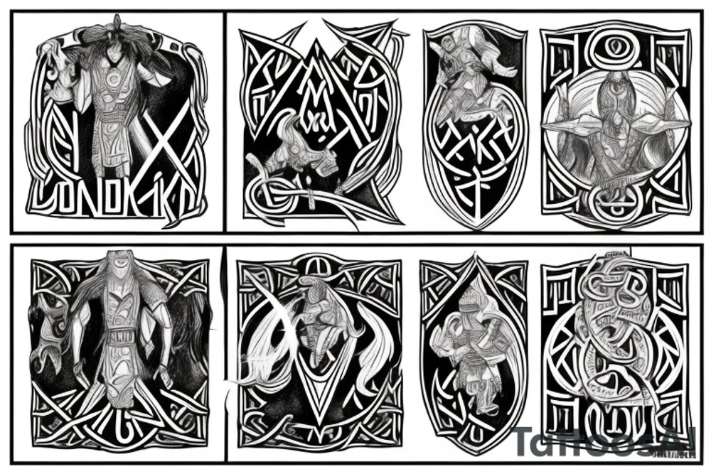 create a tattoo on the back depicting Norse mythology and the Heimdallr versus Loki duel, representing vigilance against fraud. tattoo idea
