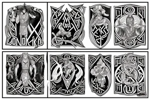 create a tattoo on the back depicting Norse mythology and the Heimdallr versus Loki duel, representing vigilance against fraud. tattoo idea