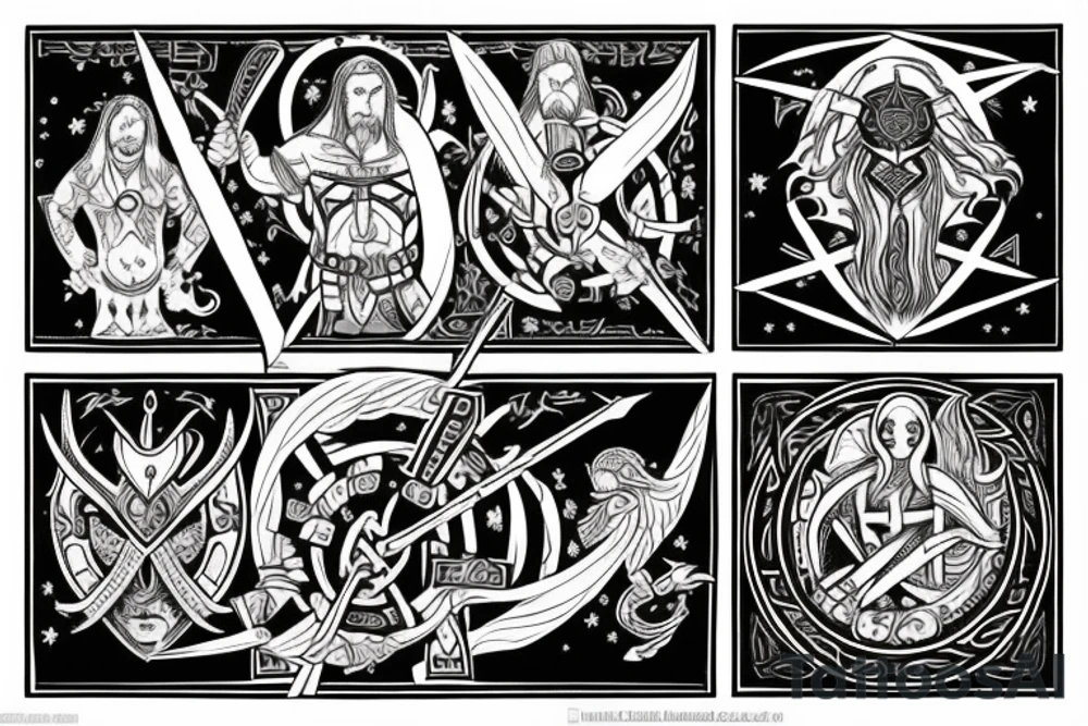 create a tattoo on the back depicting Norse mythology and the Heimdallr versus Loki duel, representing vigilance against fraud. tattoo idea