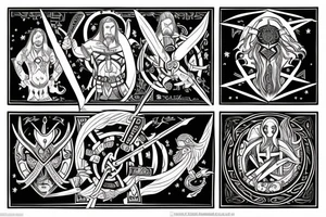 create a tattoo on the back depicting Norse mythology and the Heimdallr versus Loki duel, representing vigilance against fraud. tattoo idea