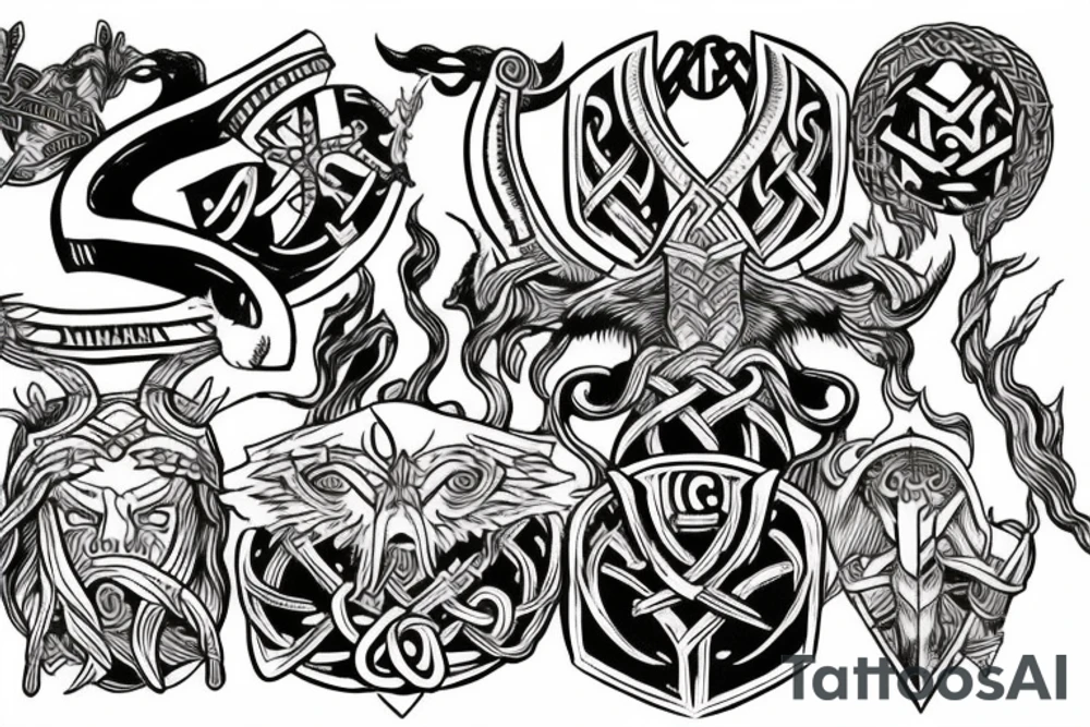 create a tattoo on the back depicting Norse mythology and the Heimdallr versus Loki duel, representing vigilance against fraud. tattoo idea