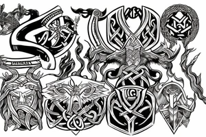 create a tattoo on the back depicting Norse mythology and the Heimdallr versus Loki duel, representing vigilance against fraud. tattoo idea