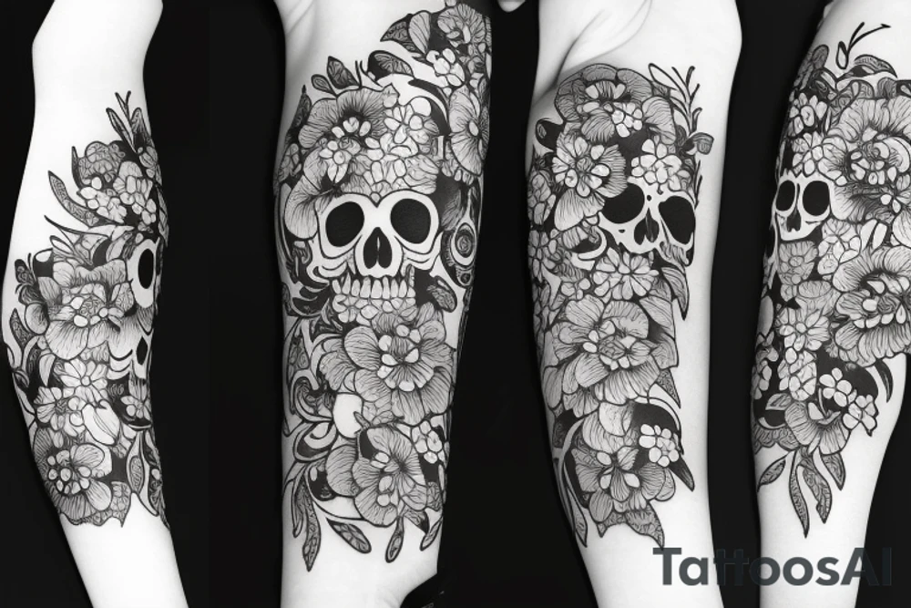 Sleeve Skulls with flowers dark tattoo idea