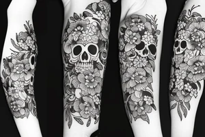 Sleeve Skulls with flowers dark tattoo idea