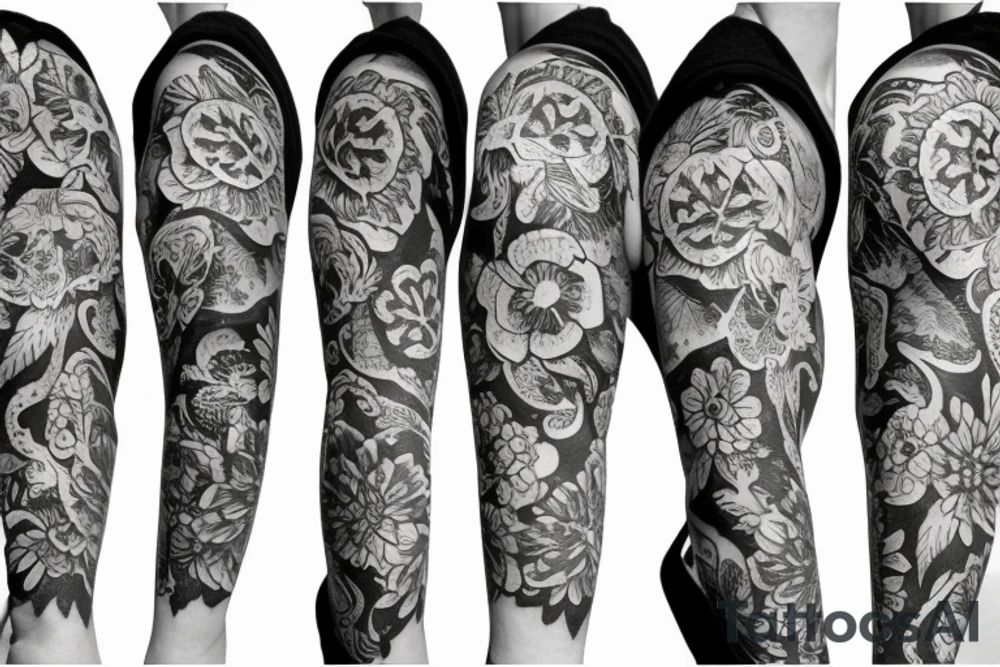 Sleeve Skulls with flowers dark tattoo idea