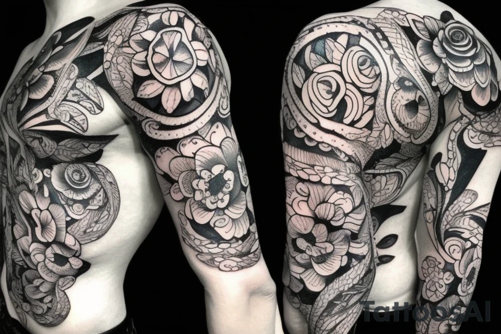 Sleeve Skulls with flowers dark tattoo idea