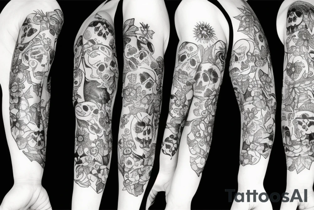 Sleeve Skulls with flowers dark tattoo idea