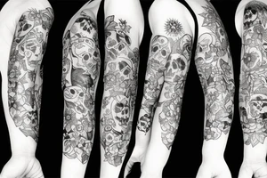 Sleeve Skulls with flowers dark tattoo idea